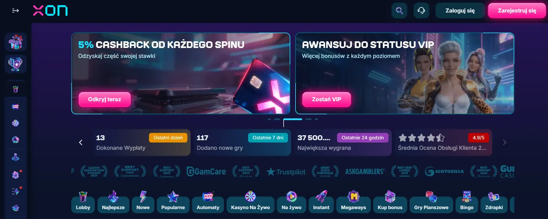 Strona XON.bet — kasyno z wysokim limitem wypłat